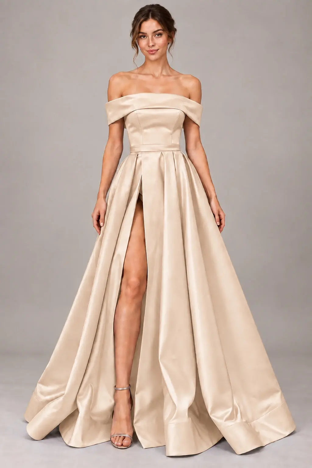 A-line Off-the-Shoulder Sleeveless Long/Floor-Length Satin Prom Dresses With Split