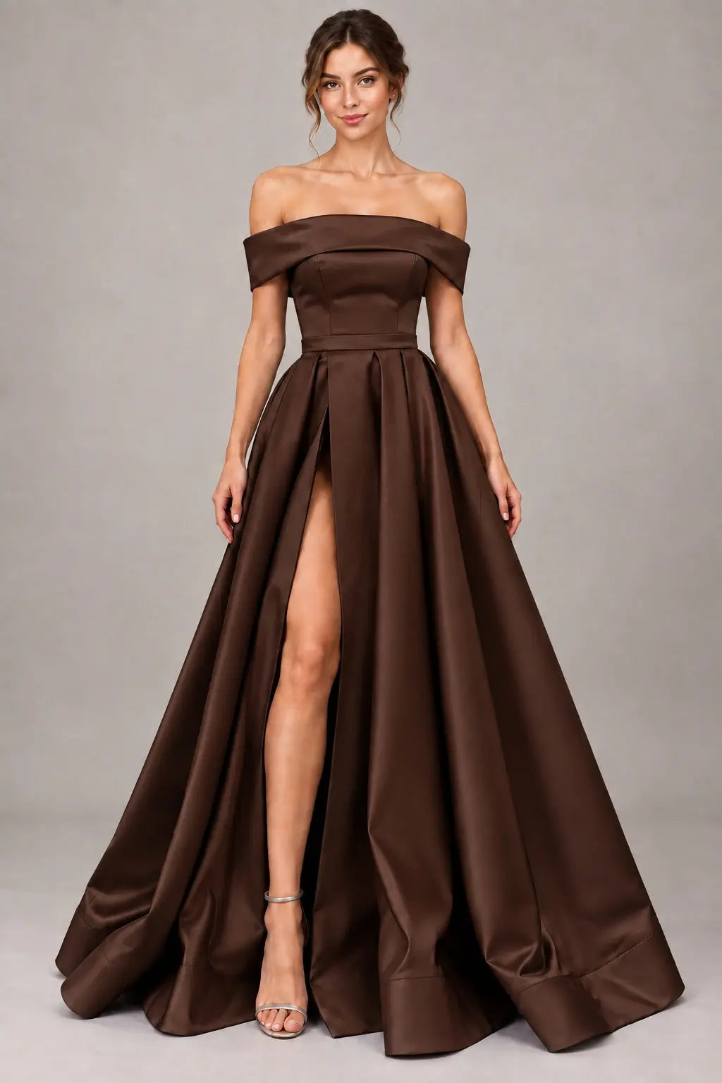 A-line Off-the-Shoulder Sleeveless Long/Floor-Length Satin Prom Dresses With Split