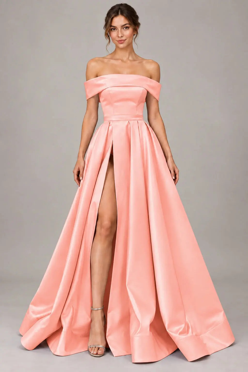A-line Off-the-Shoulder Sleeveless Long/Floor-Length Satin Prom Dresses With Split