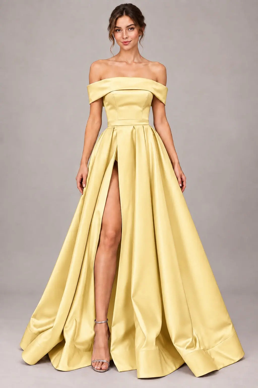 A-line Off-the-Shoulder Sleeveless Long/Floor-Length Satin Prom Dresses With Split