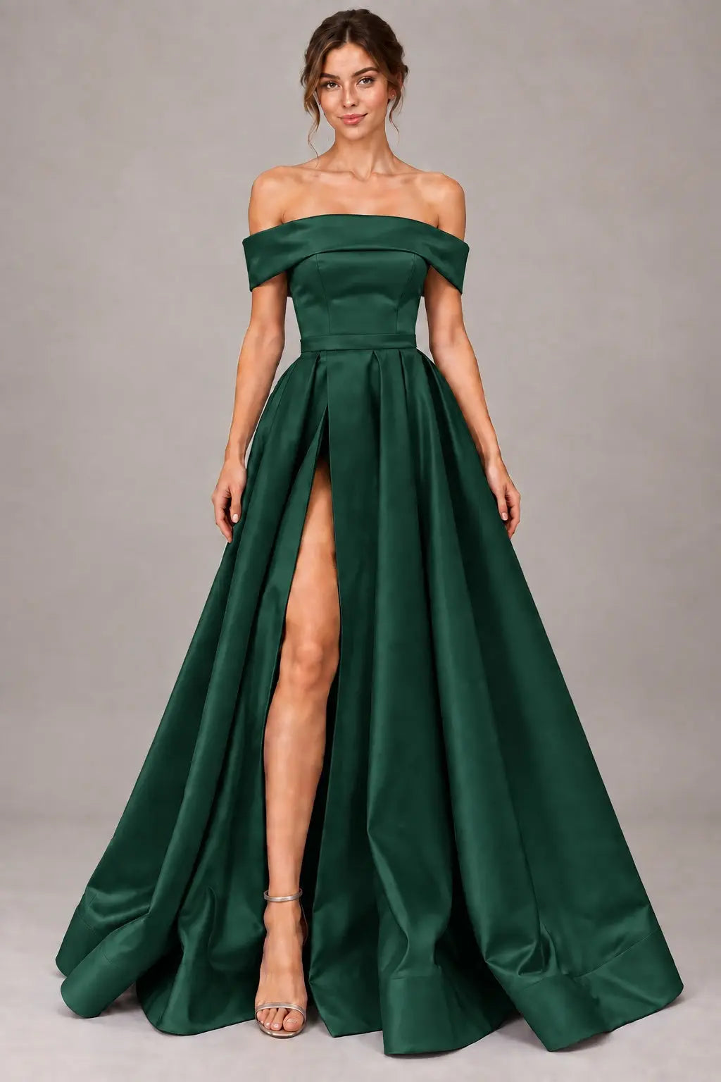 A-line Off-the-Shoulder Sleeveless Long/Floor-Length Satin Prom Dresses With Split