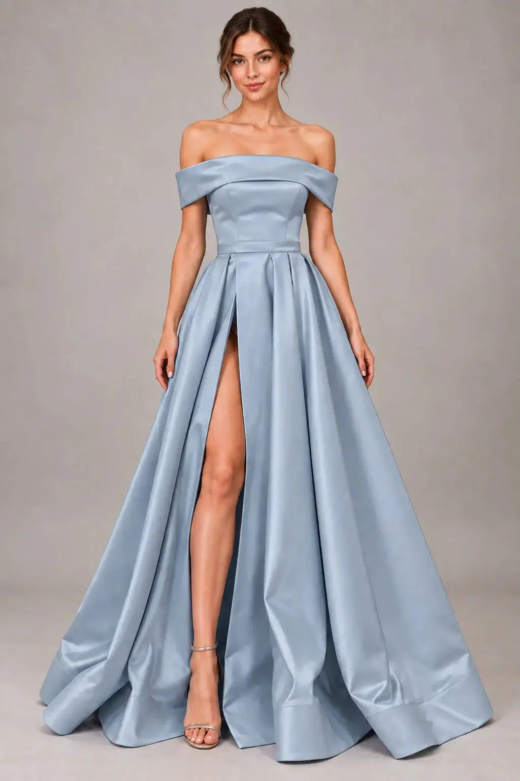A-line Off-the-Shoulder Sleeveless Long/Floor-Length Satin Prom Dresses With Split KAIDRESS