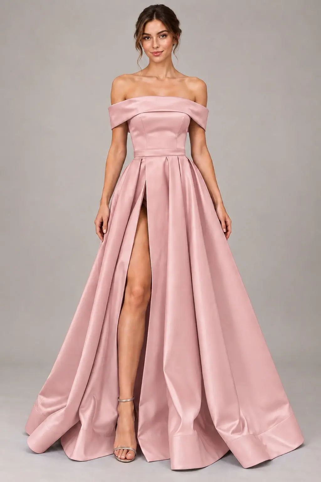 A-line Off-the-Shoulder Sleeveless Long/Floor-Length Satin Prom Dresses With Split