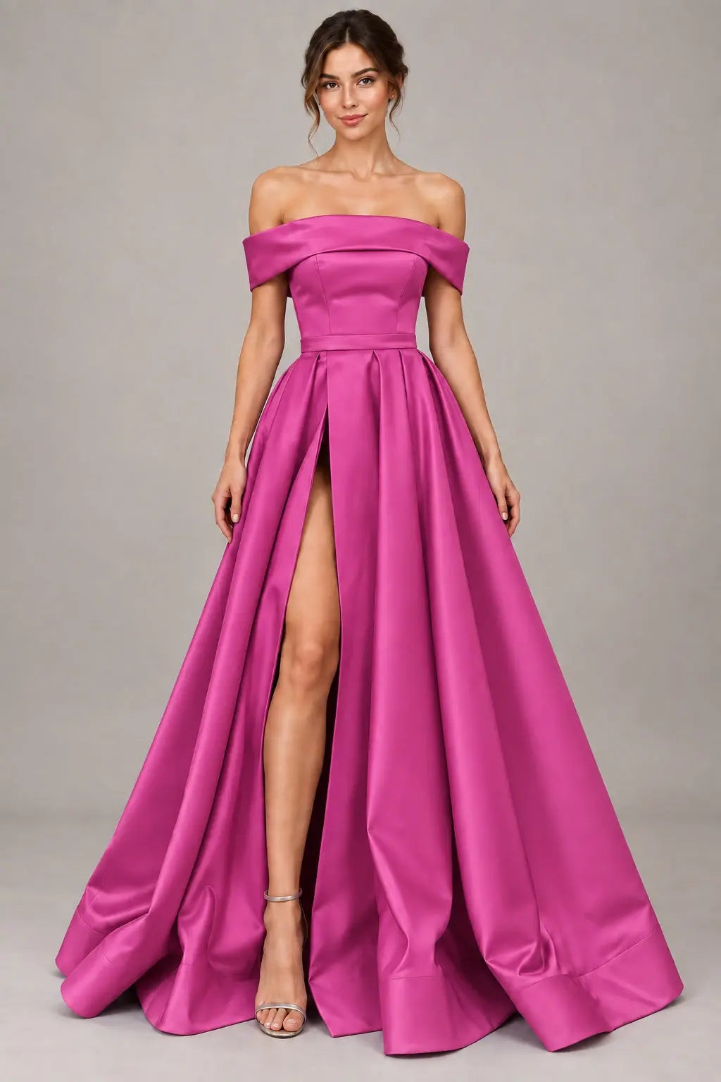 A-line Off-the-Shoulder Sleeveless Long/Floor-Length Satin Prom Dresses With Split