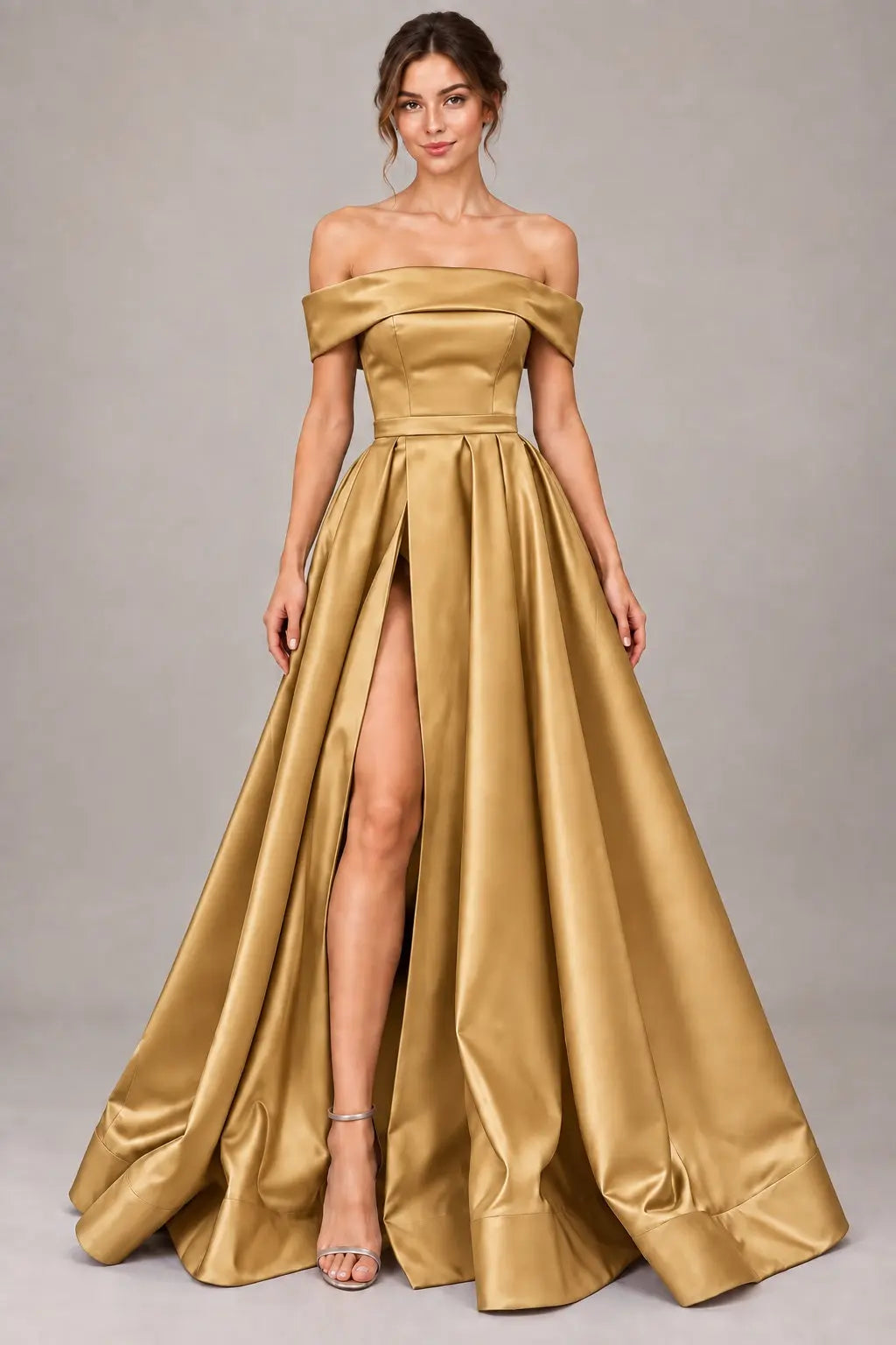A-line Off-the-Shoulder Sleeveless Long/Floor-Length Satin Prom Dresses With Split