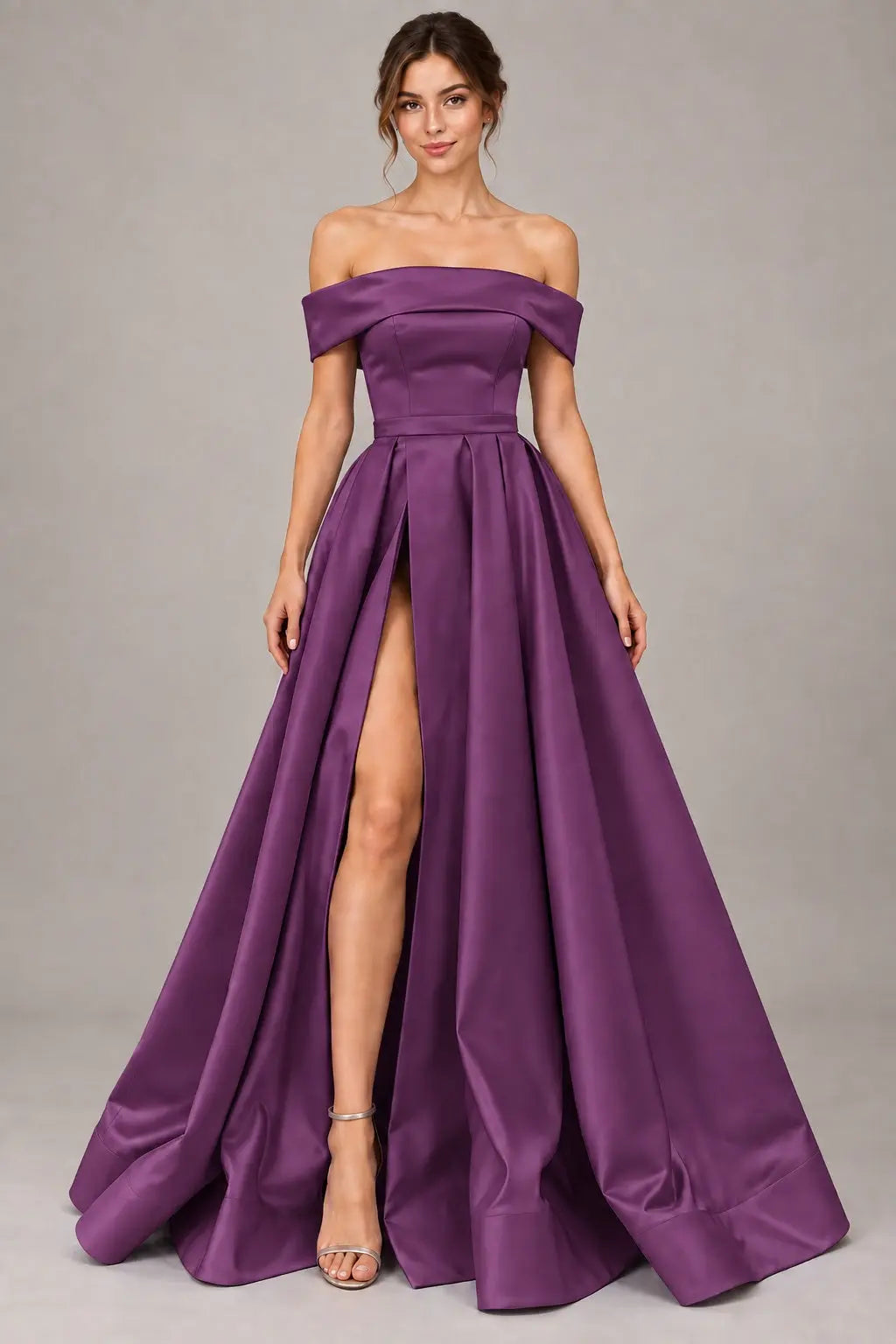 A-line Off-the-Shoulder Sleeveless Long/Floor-Length Satin Prom Dresses With Split