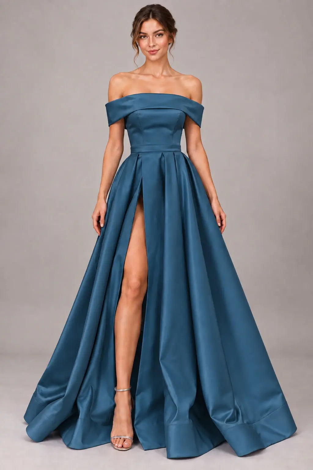 A-line Off-the-Shoulder Sleeveless Long/Floor-Length Satin Prom Dresses With Split