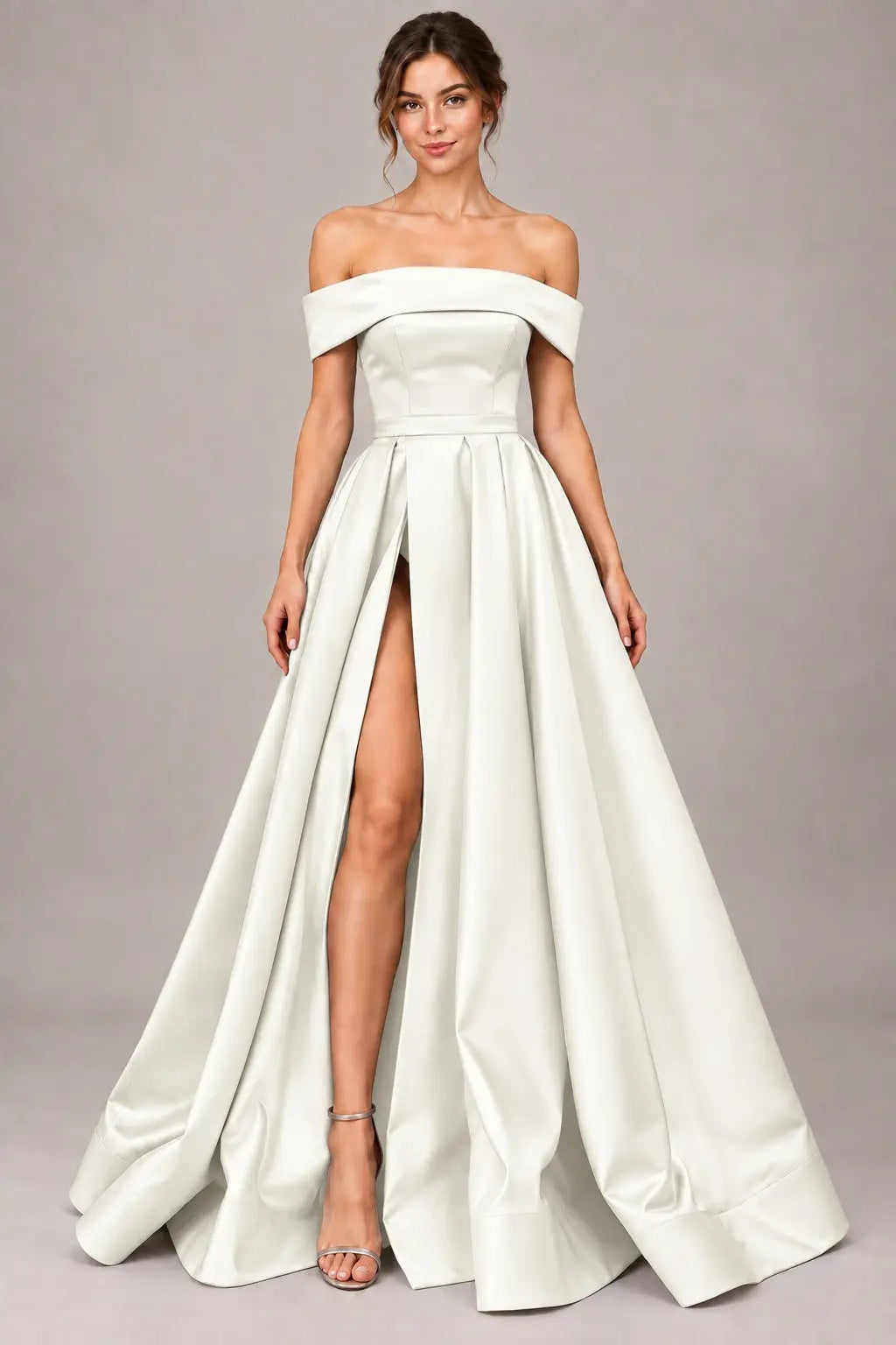 A-line Off-the-Shoulder Sleeveless Long/Floor-Length Satin Prom Dresses With Split