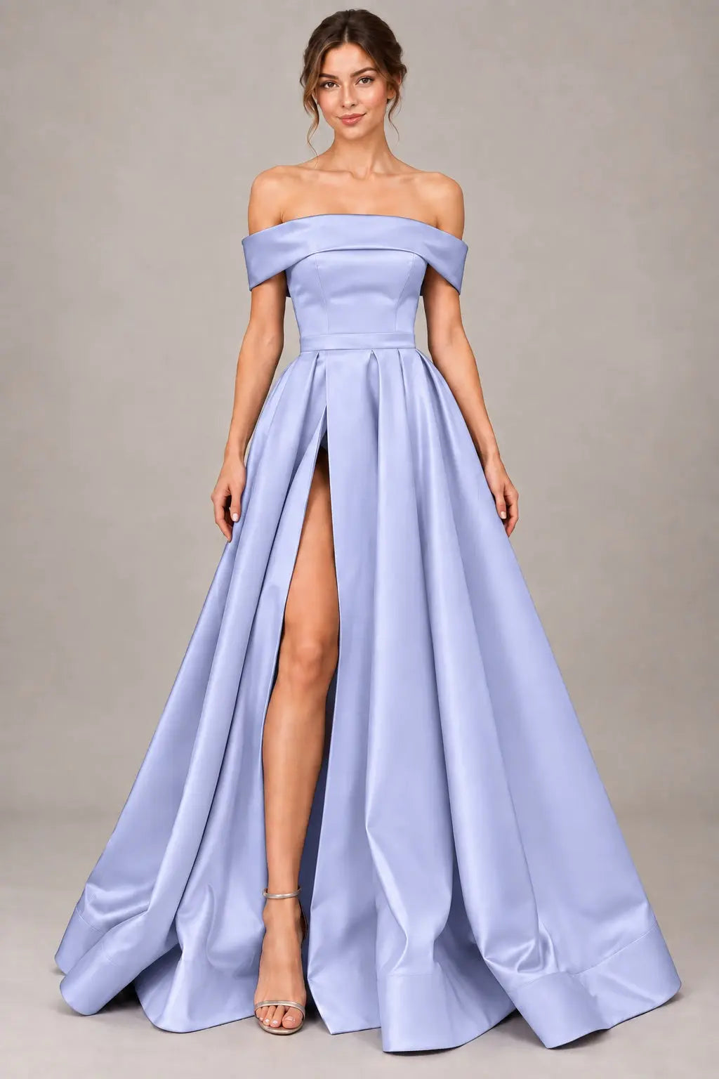 A-line Off-the-Shoulder Sleeveless Long/Floor-Length Satin Prom Dresses With Split