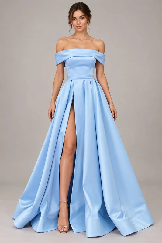Kaidress Light Blue Satin Off-the-Shoulder A-Line Prom Dress with Slit