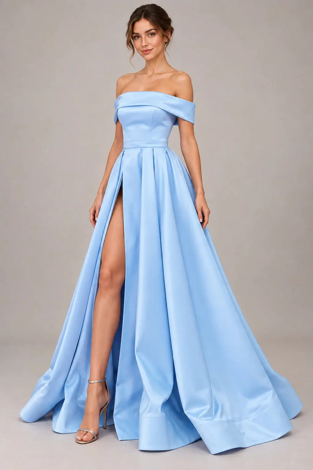 Kaidress Light Blue Satin Off-the-Shoulder A-Line Prom Dress with Slit
