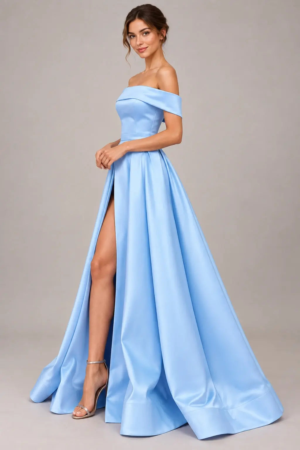 Kaidress Light Blue Satin Off-the-Shoulder A-Line Prom Dress with Slit