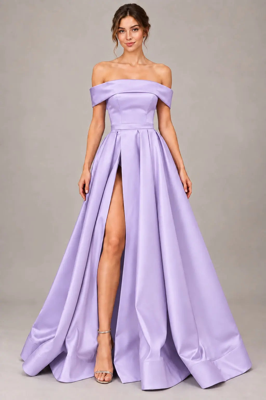 A-line Off-the-Shoulder Sleeveless Long/Floor-Length Satin Prom Dresses With Split