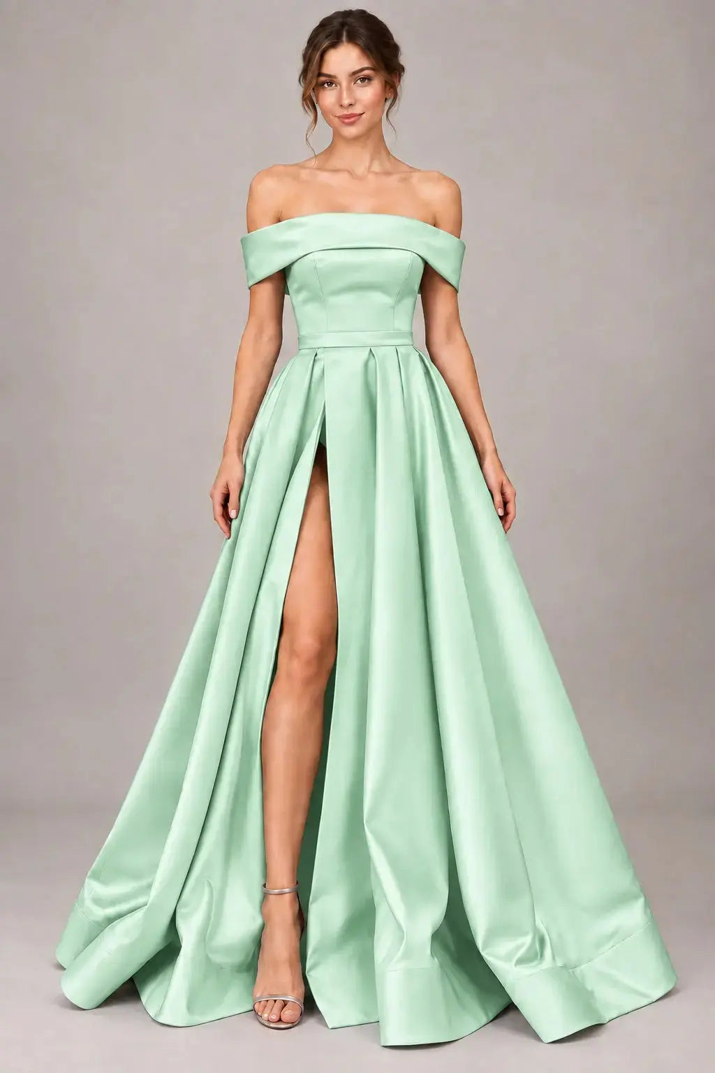 A-line Off-the-Shoulder Sleeveless Long/Floor-Length Satin Prom Dresses With Split KAIDRESS