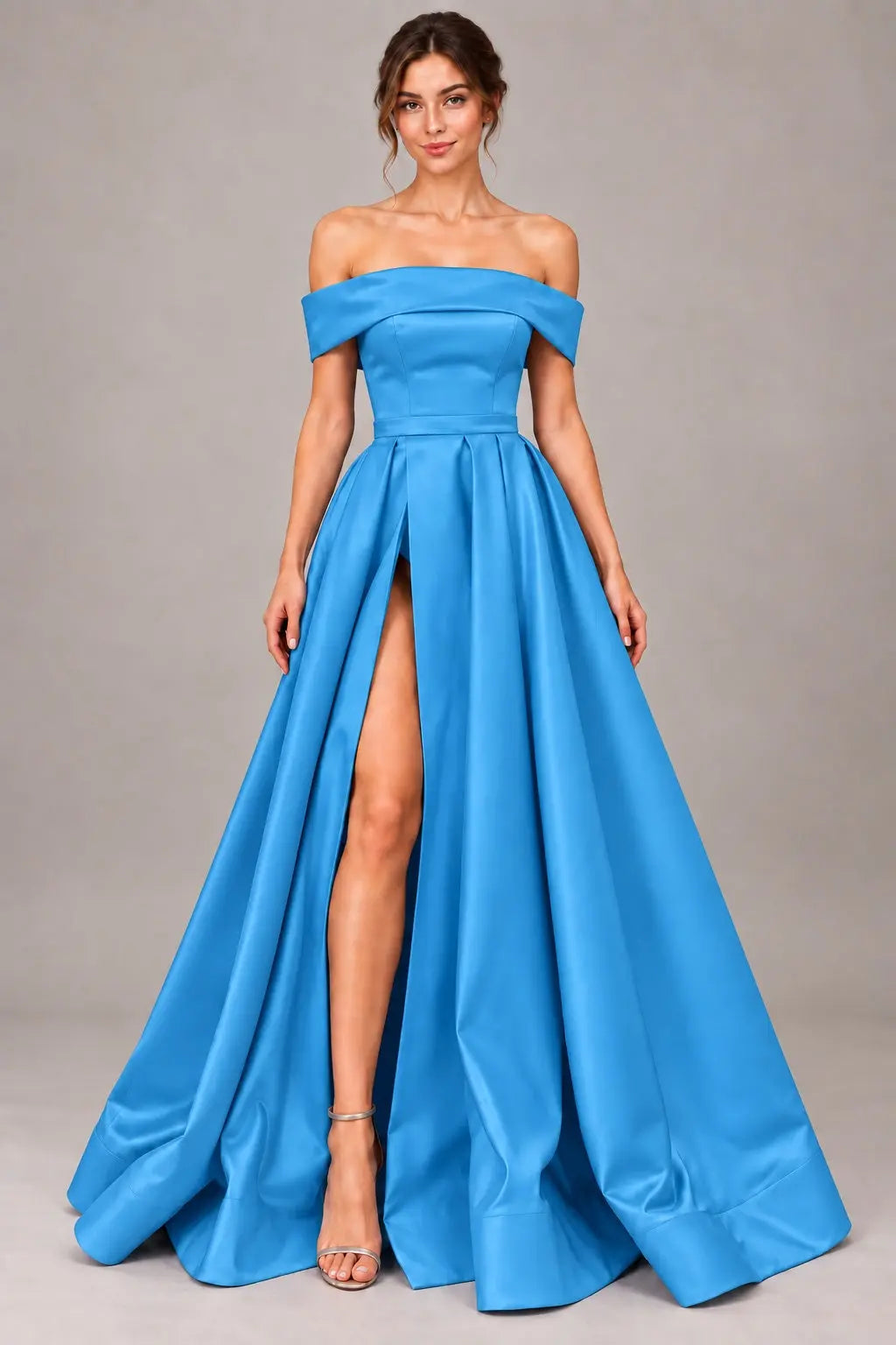 A-line Off-the-Shoulder Sleeveless Long/Floor-Length Satin Prom Dresses With Split