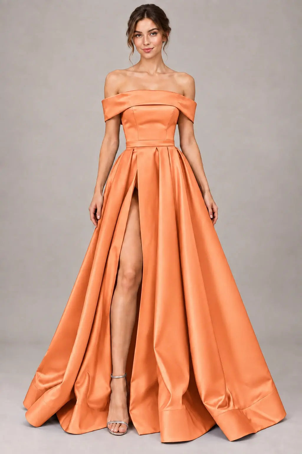 A-line Off-the-Shoulder Sleeveless Long/Floor-Length Satin Prom Dresses With Split