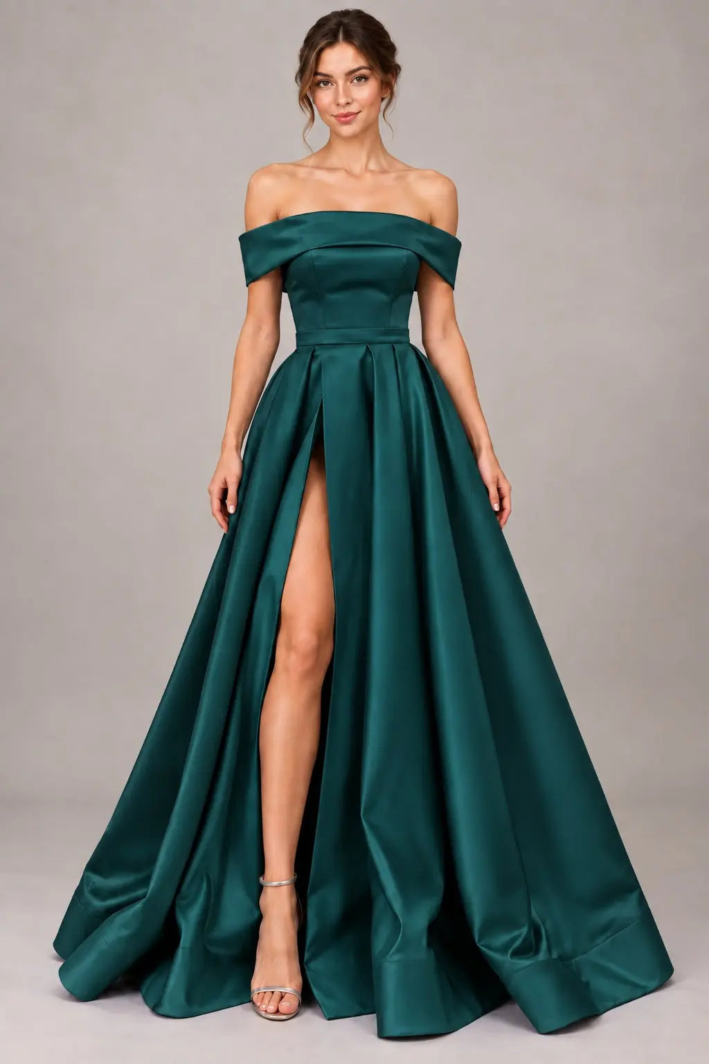 A-line Off-the-Shoulder Sleeveless Long/Floor-Length Satin Prom Dresses With Split