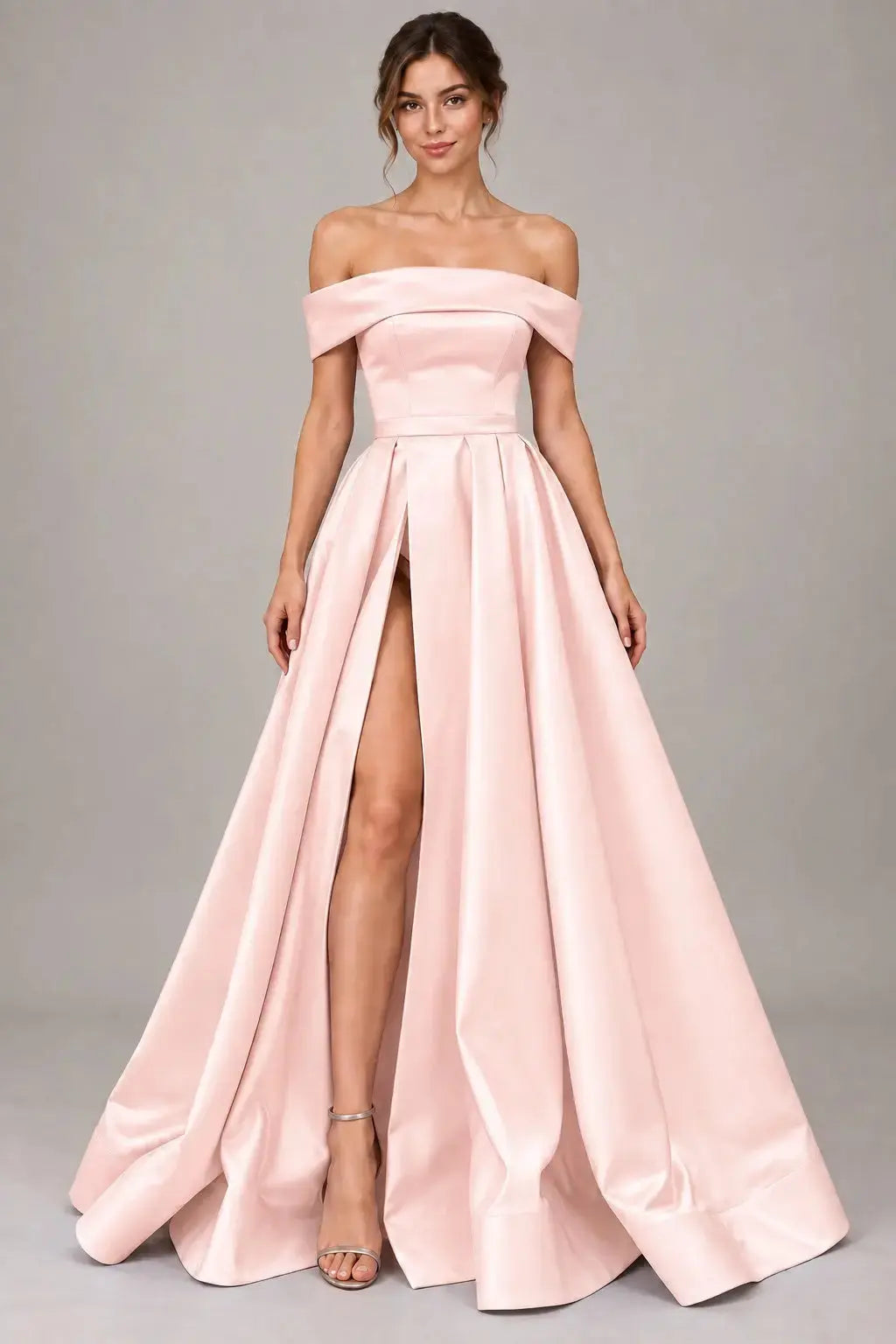 A-line Off-the-Shoulder Sleeveless Long/Floor-Length Satin Prom Dresses With Split KAIDRESS