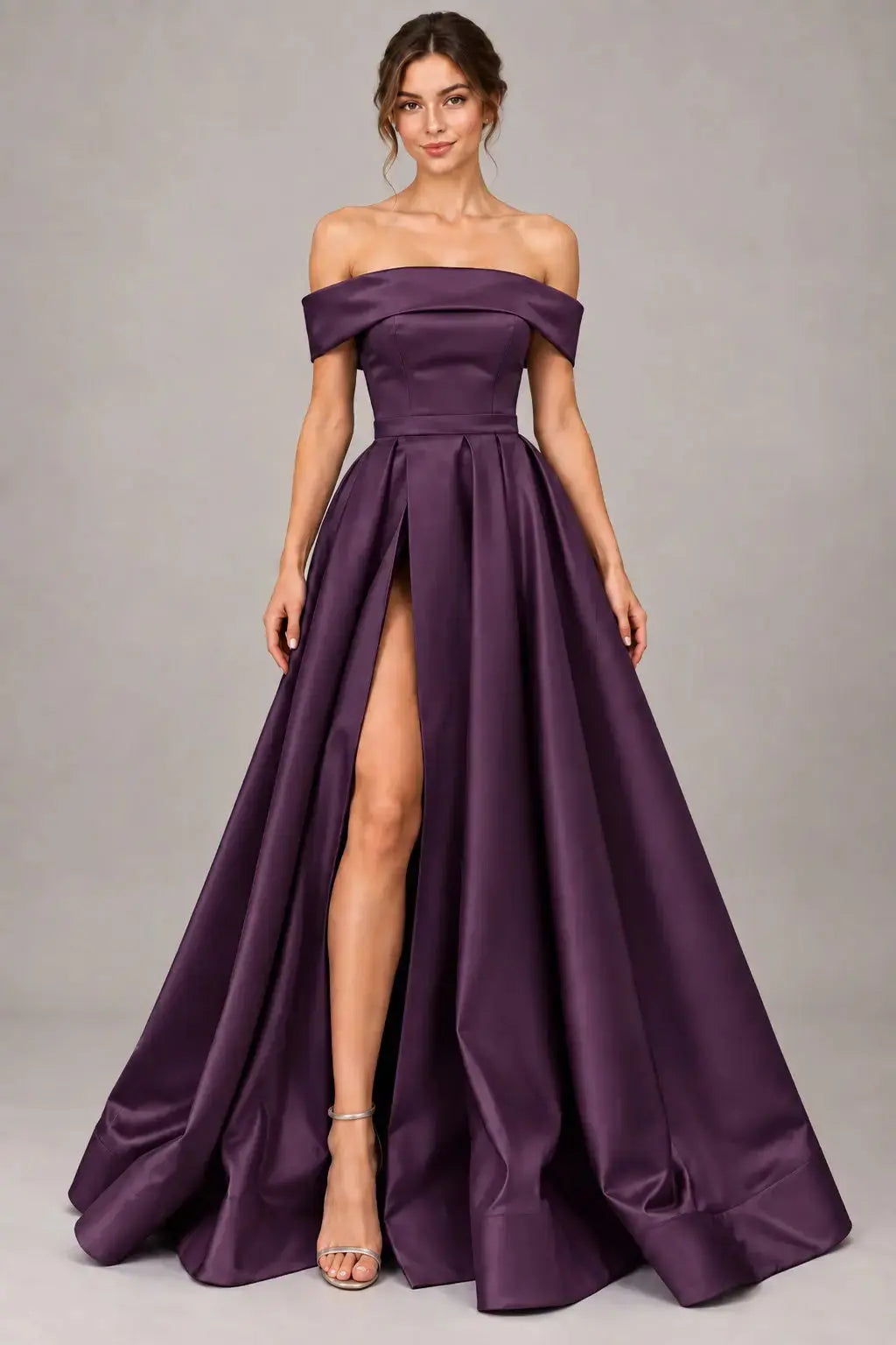 A-line Off-the-Shoulder Sleeveless Long/Floor-Length Satin Prom Dresses With Split KAIDRESS