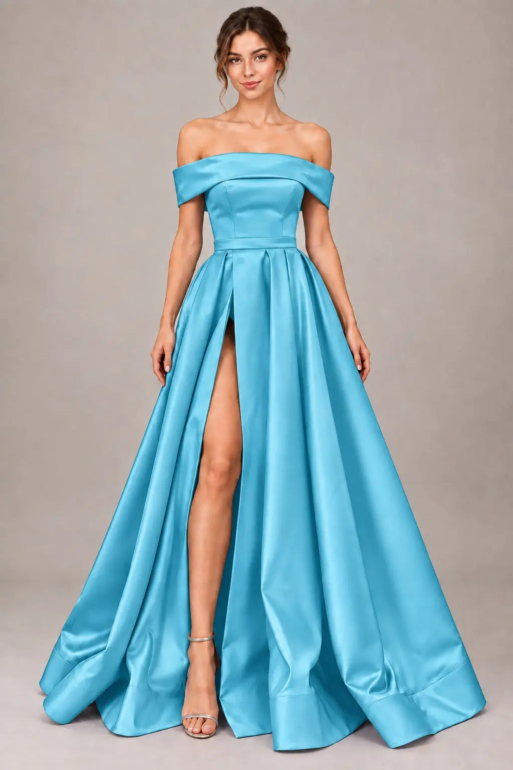 A-line Off-the-Shoulder Sleeveless Long/Floor-Length Satin Prom Dresses With Split