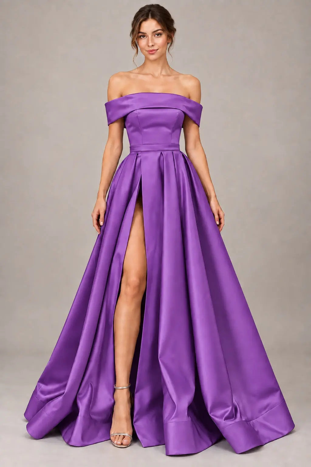 A-line Off-the-Shoulder Sleeveless Long/Floor-Length Satin Prom Dresses With Split