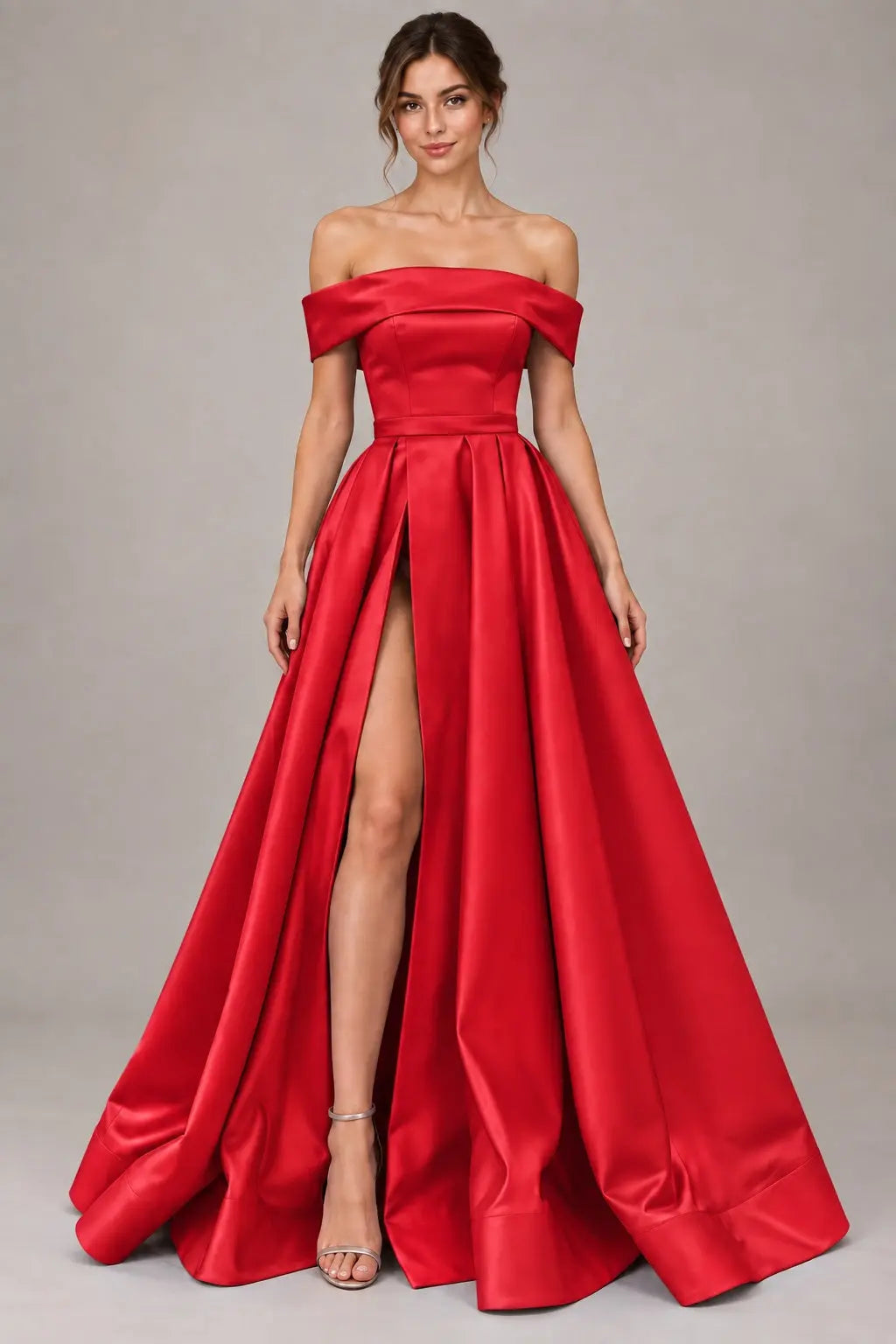 A-line Off-the-Shoulder Sleeveless Long/Floor-Length Satin Prom Dresses With Split