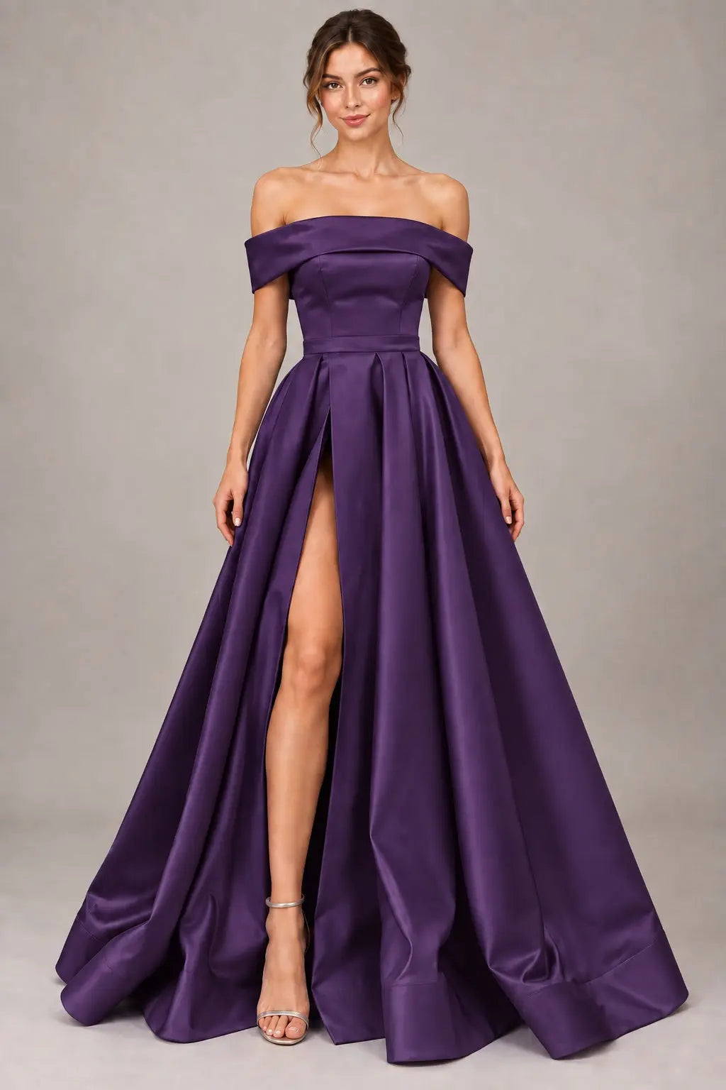 A-line Off-the-Shoulder Sleeveless Long/Floor-Length Satin Prom Dresses With Split