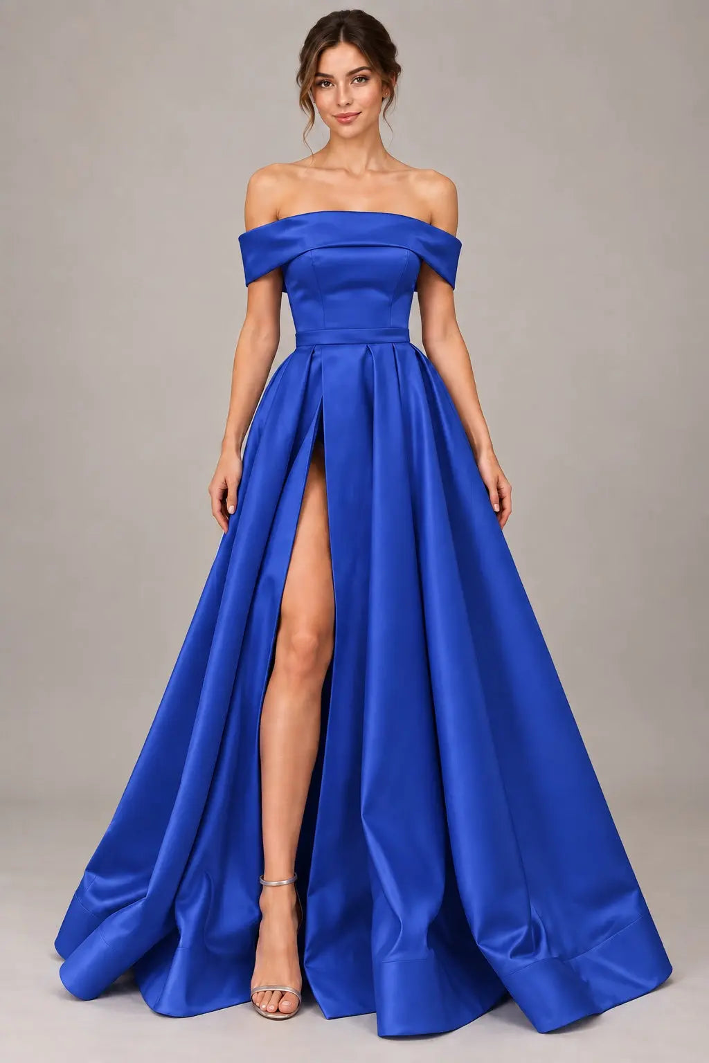 A-line Off-the-Shoulder Sleeveless Long/Floor-Length Satin Prom Dresses With Split