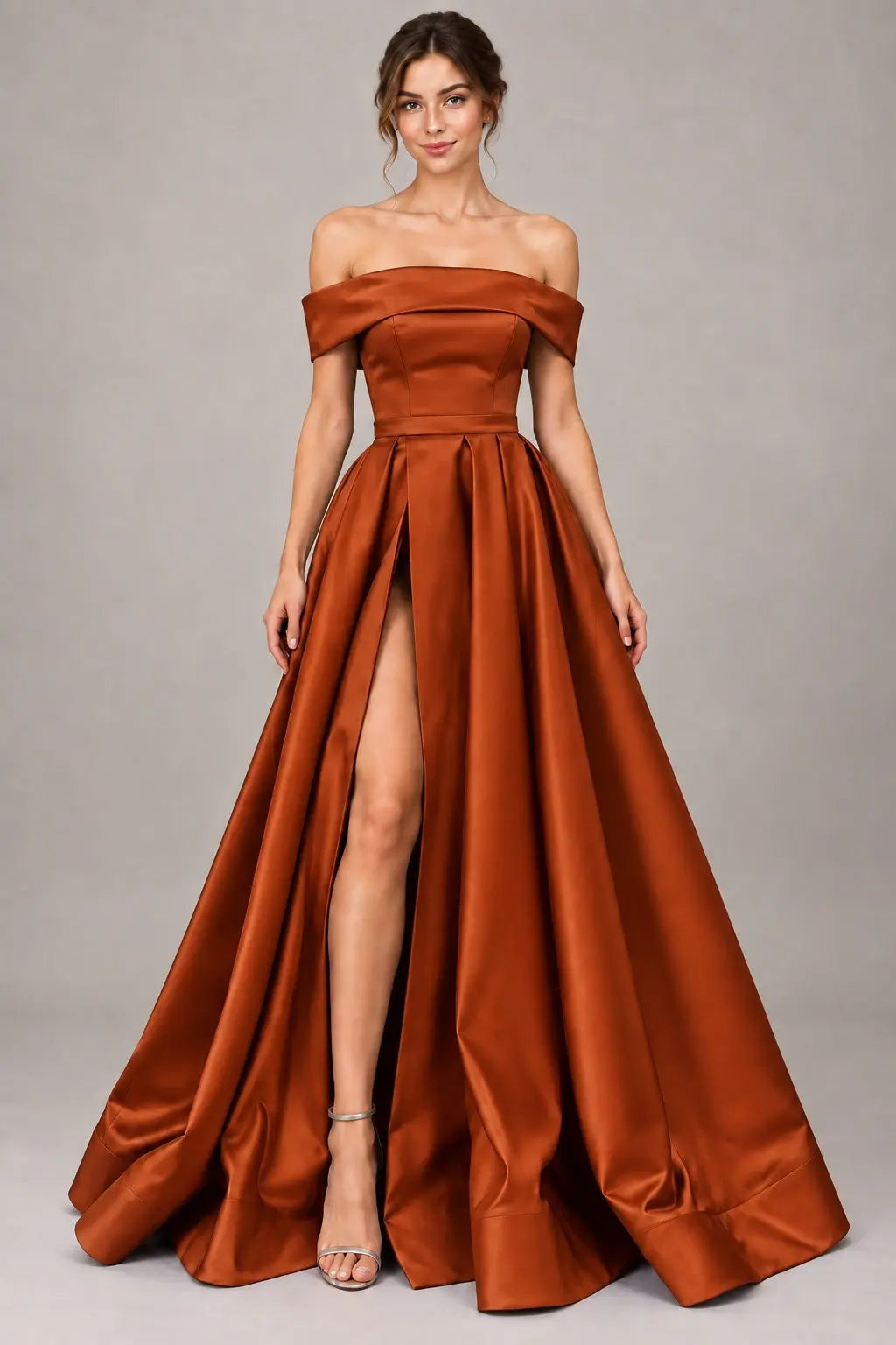 A-line Off-the-Shoulder Sleeveless Long/Floor-Length Satin Prom Dresses With Split