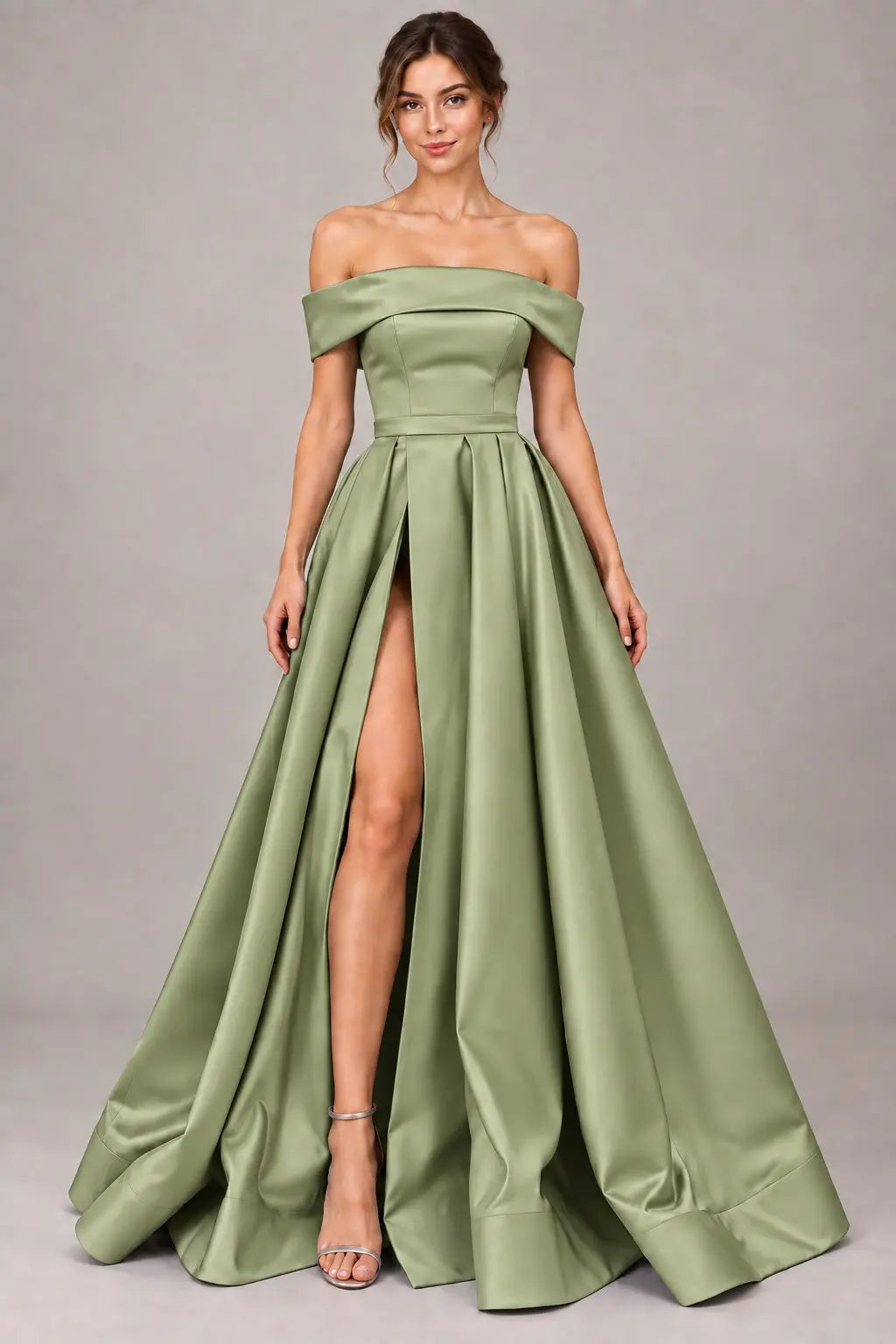 A-line Off-the-Shoulder Sleeveless Long/Floor-Length Satin Prom Dresses With Split