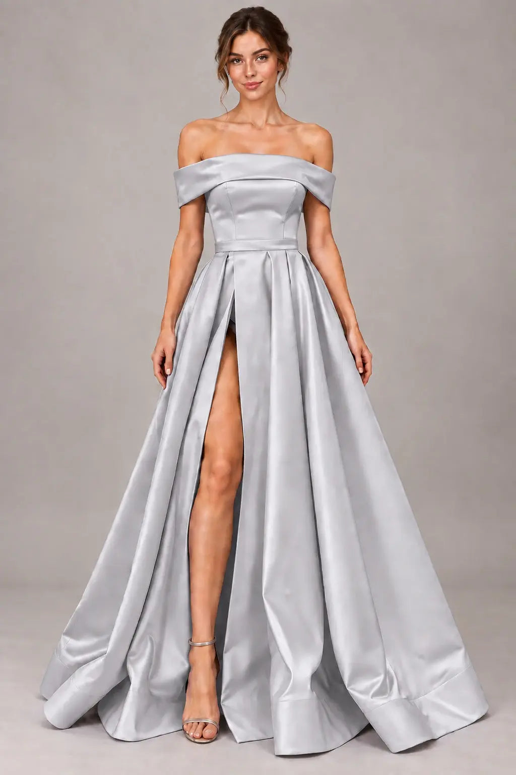A-line Off-the-Shoulder Sleeveless Long/Floor-Length Satin Prom Dresses With Split