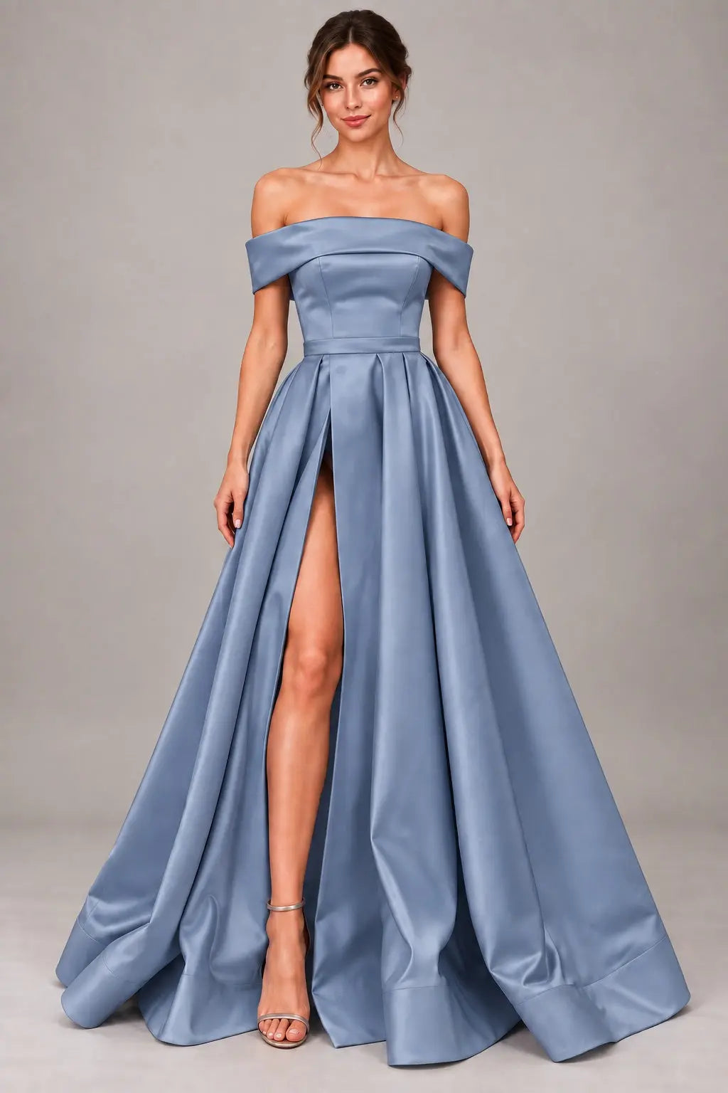 A-line Off-the-Shoulder Sleeveless Long/Floor-Length Satin Prom Dresses With Split