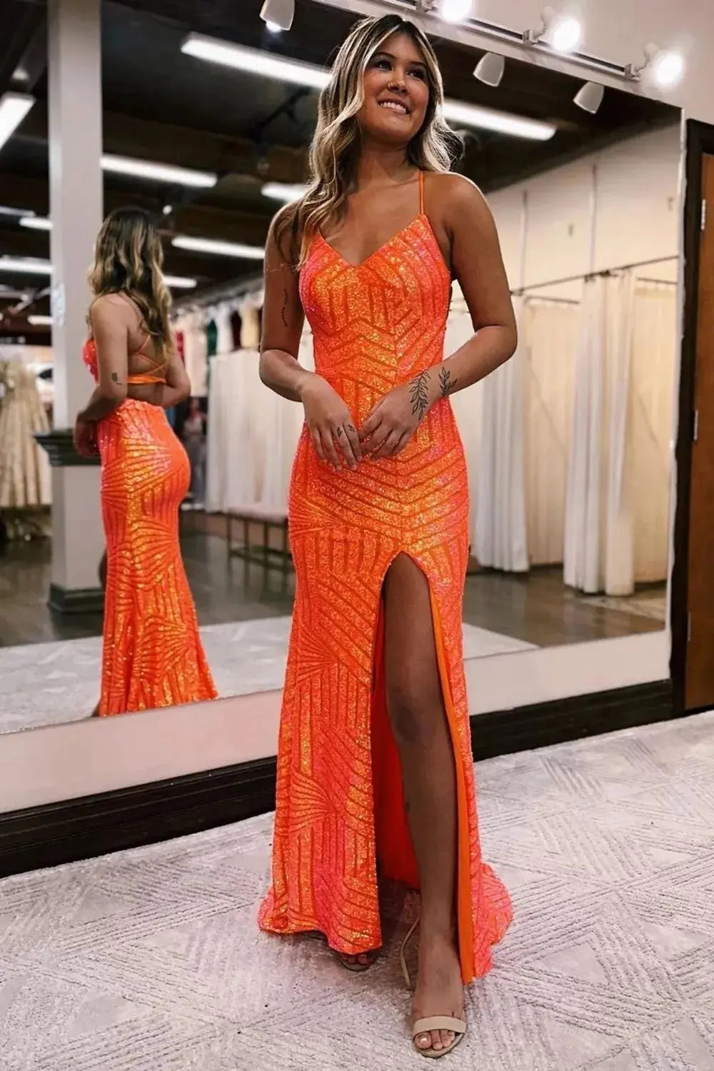 Kaidress Spaghetti Strap Orange Sequin Evening Gown, Open Back Mermaid Prom Dress with Slit & Train