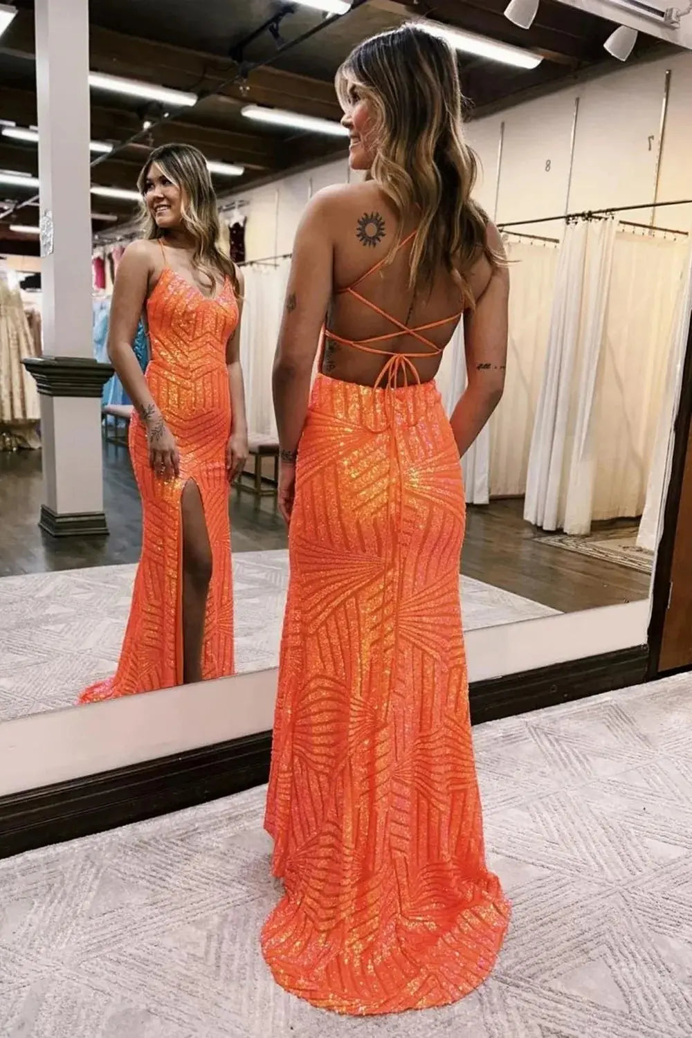 Kaidress Spaghetti Strap Orange Sequin Evening Gown, Open Back Mermaid Prom Dress with Slit & Train