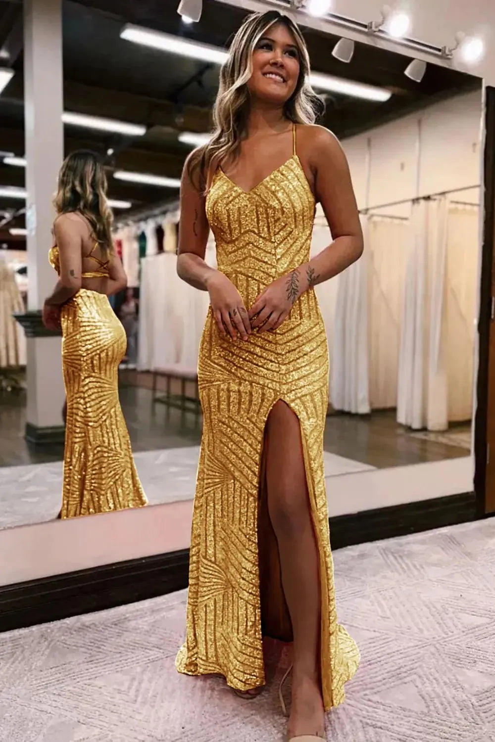 Kaidress Spaghetti Strap Orange Sequin Evening Gown, Open Back Mermaid Prom Dress with Slit & Train