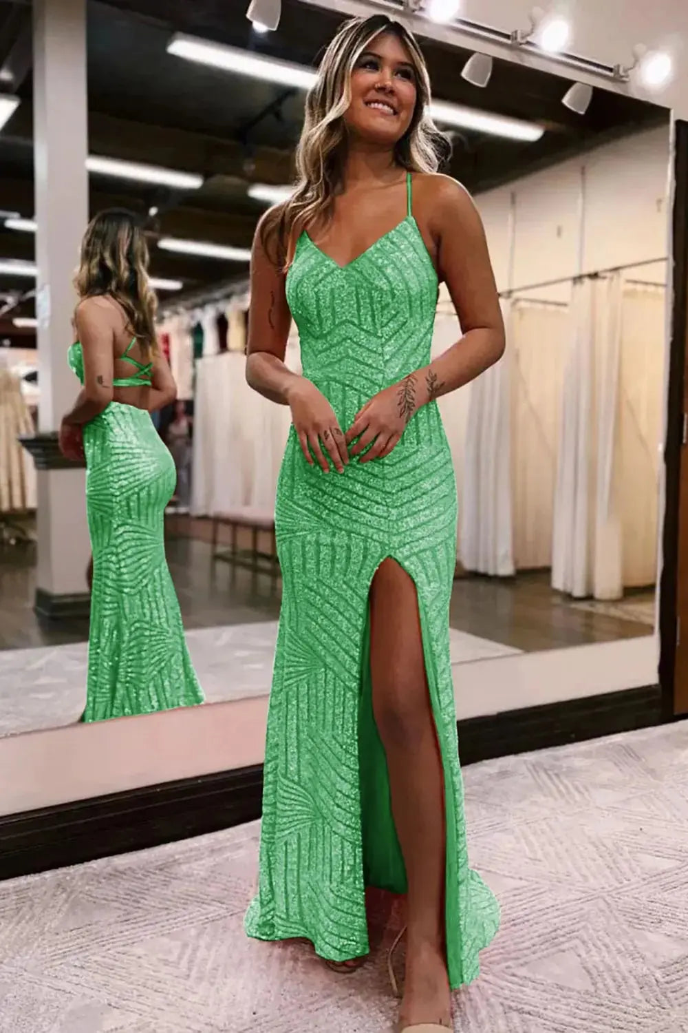 Kaidress Spaghetti Strap Orange Sequin Evening Gown, Open Back Mermaid Prom Dress with Slit & Train
