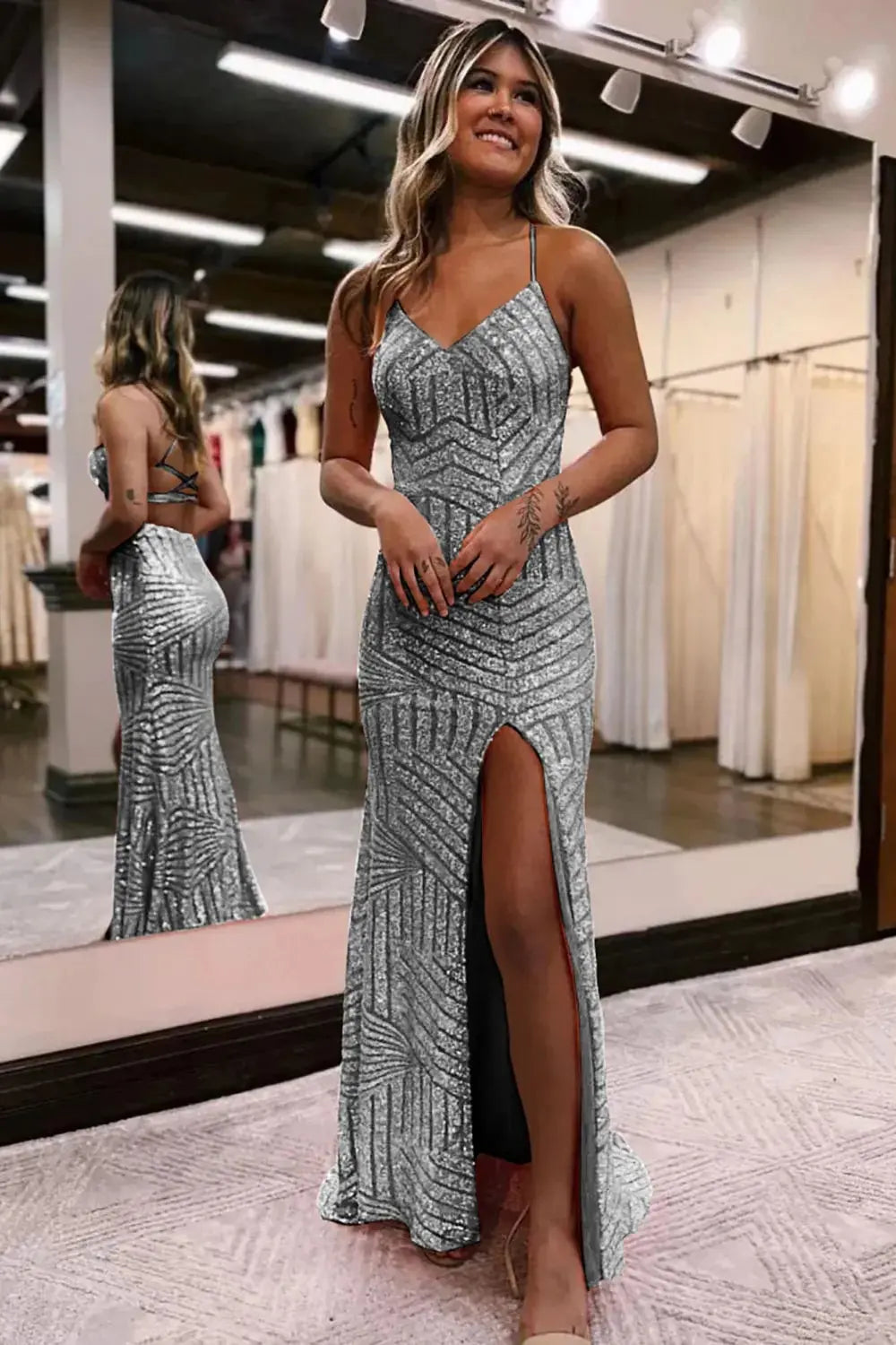 Kaidress Spaghetti Strap Orange Sequin Evening Gown, Open Back Mermaid Prom Dress with Slit & Train