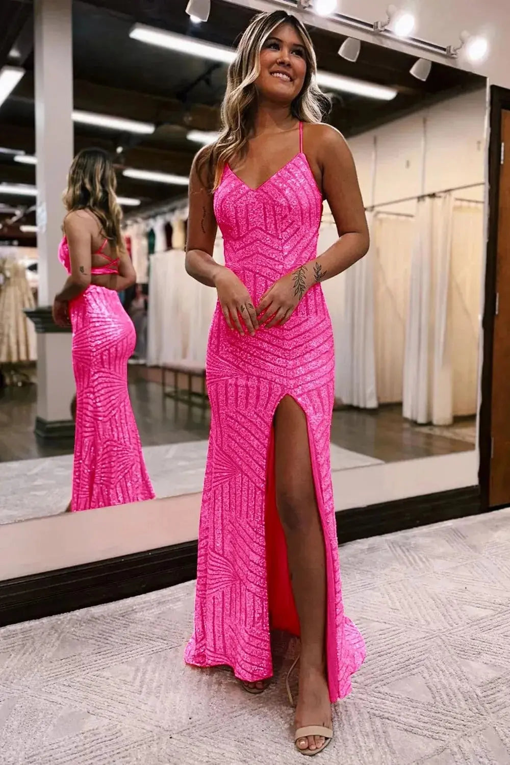 Kaidress Spaghetti Strap Orange Sequin Evening Gown, Open Back Mermaid Prom Dress with Slit & Train