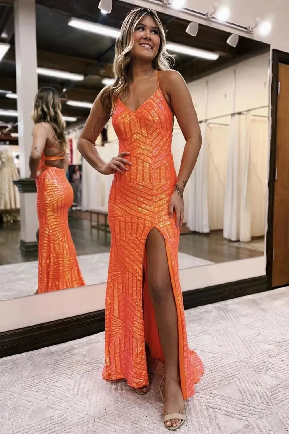 Kaidress Spaghetti Strap Orange Sequin Evening Gown, Open Back Mermaid Prom Dress with Slit & Train