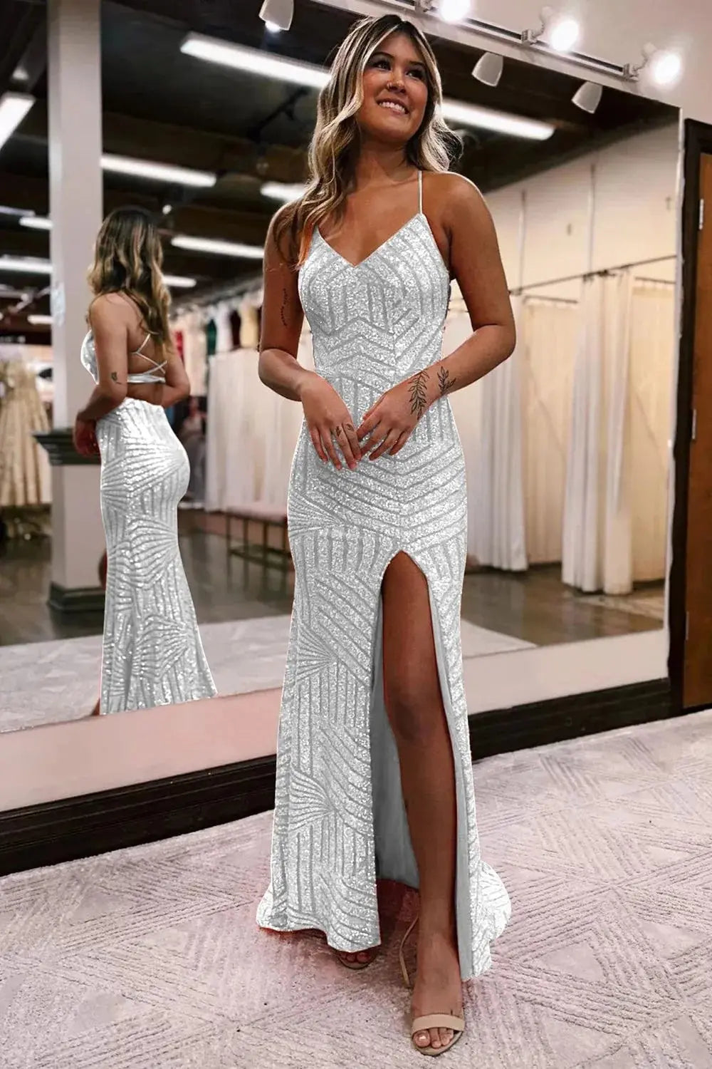 Kaidress Spaghetti Strap Orange Sequin Evening Gown, Open Back Mermaid Prom Dress with Slit & Train