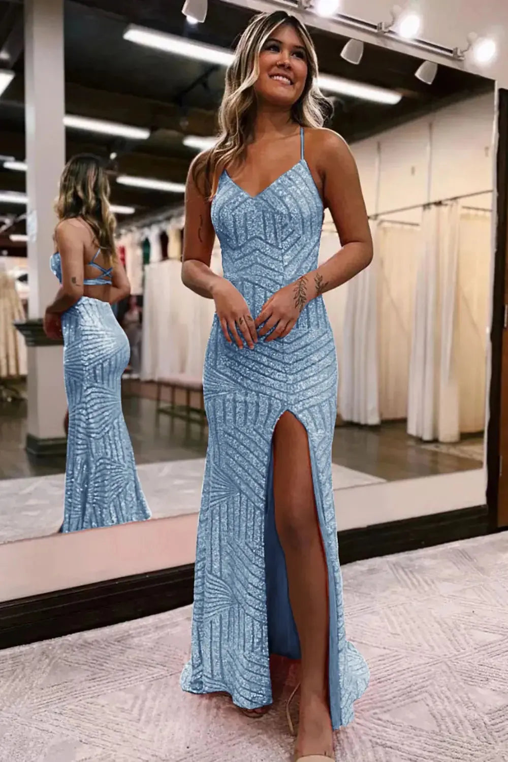 Kaidress Spaghetti Strap Orange Sequin Evening Gown, Open Back Mermaid Prom Dress with Slit & Train