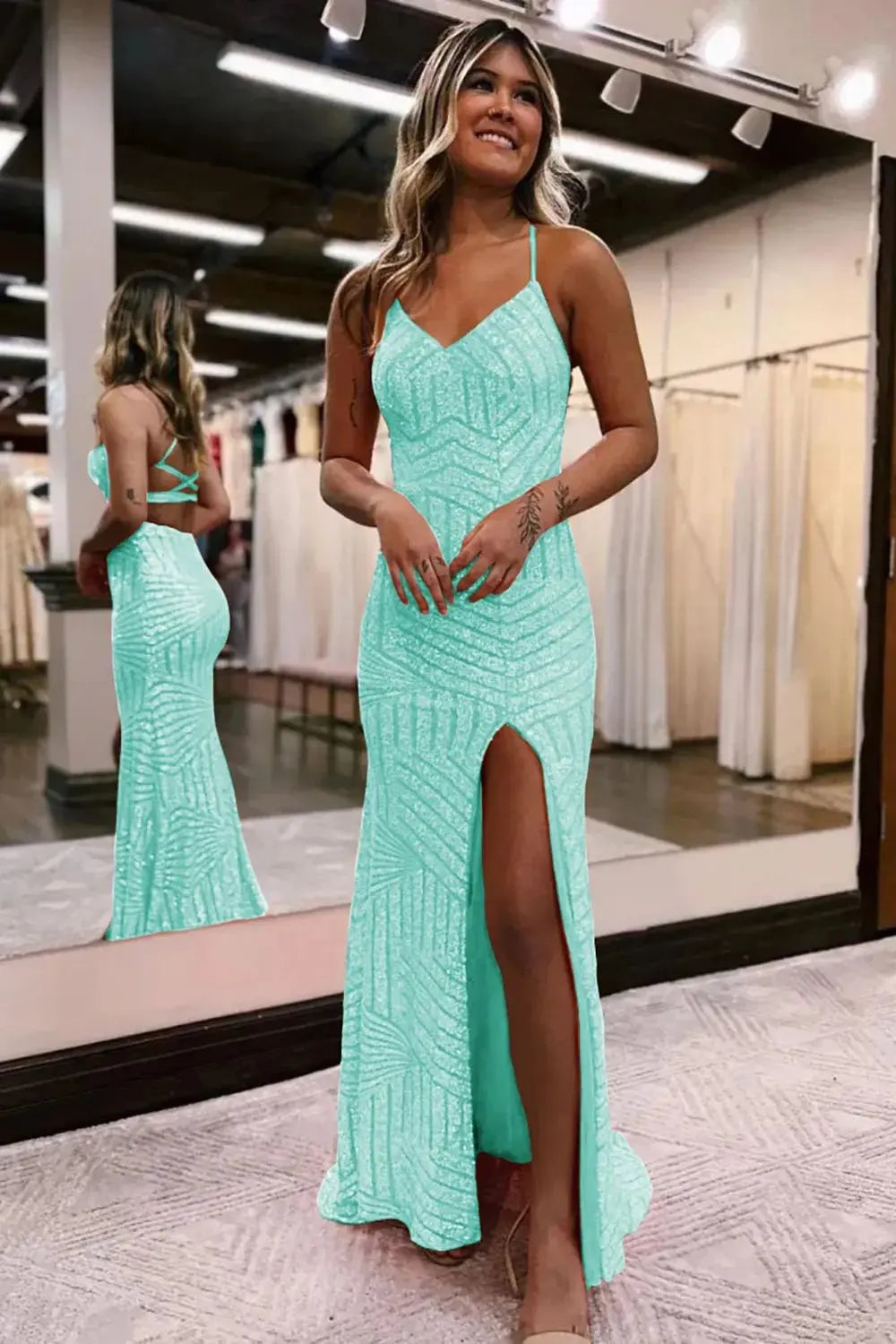 Kaidress Spaghetti Strap Orange Sequin Evening Gown, Open Back Mermaid Prom Dress with Slit & Train