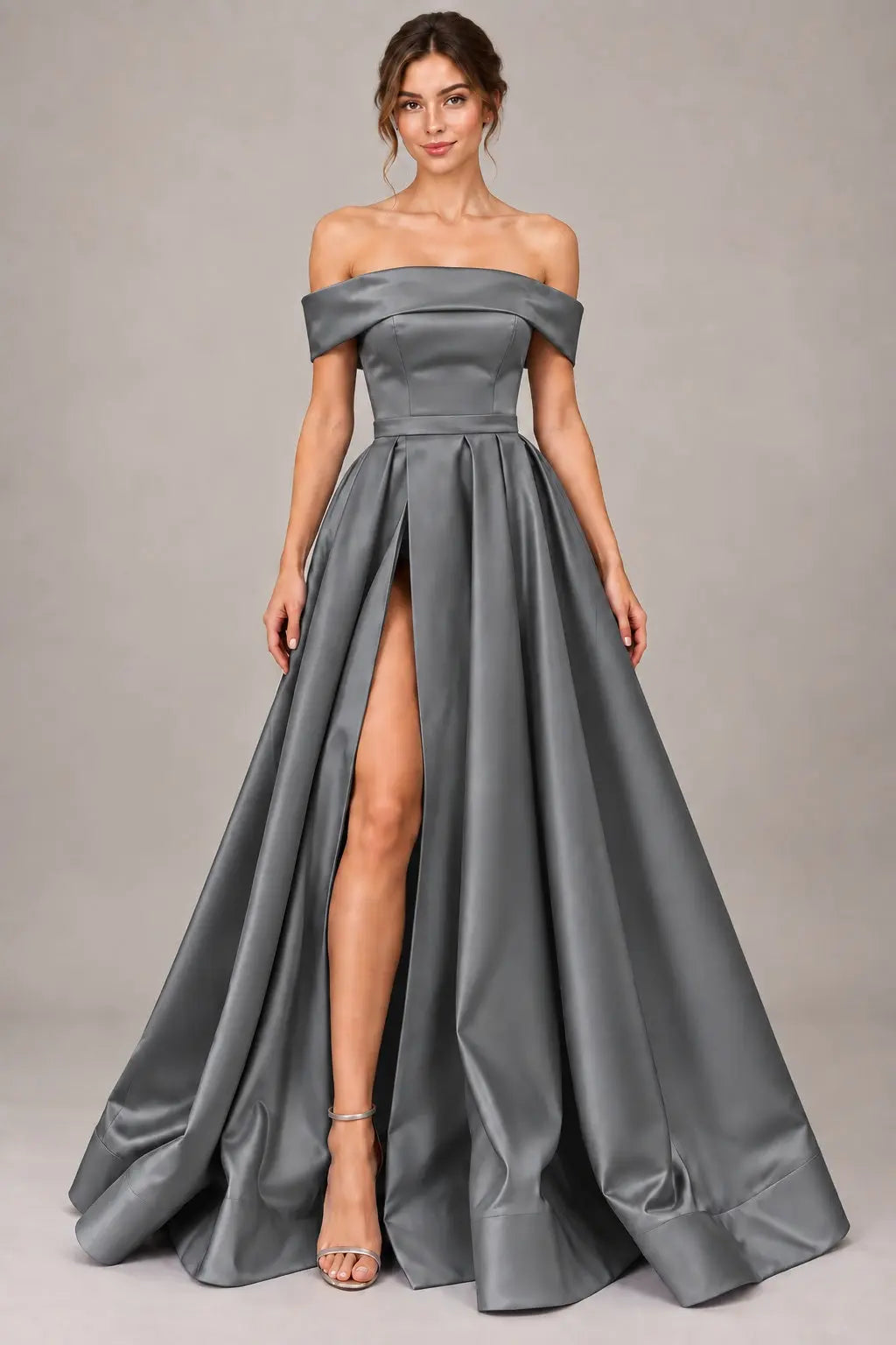A-line Off-the-Shoulder Sleeveless Long/Floor-Length Satin Prom Dresses With Split