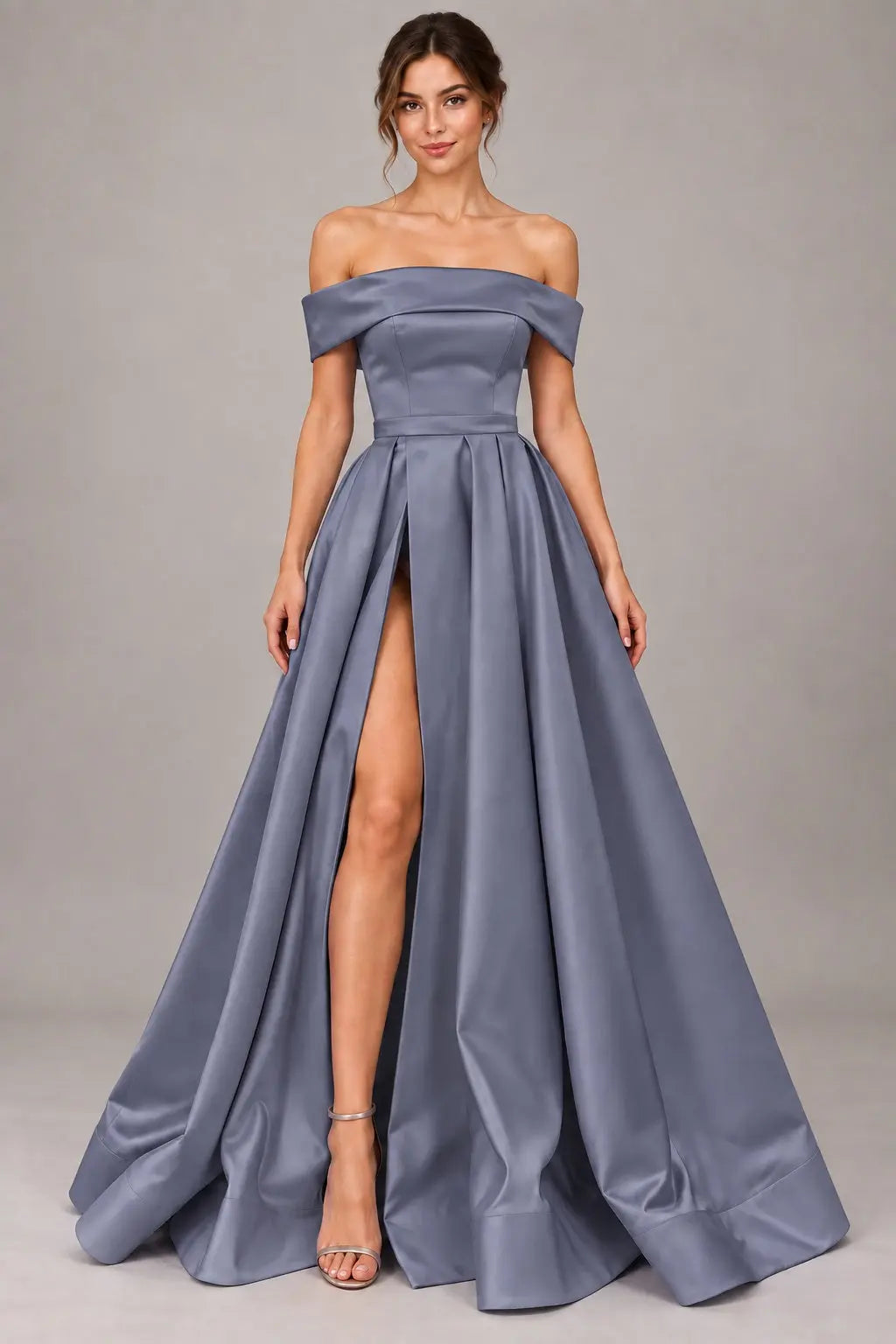 A-line Off-the-Shoulder Sleeveless Long/Floor-Length Satin Prom Dresses With Split