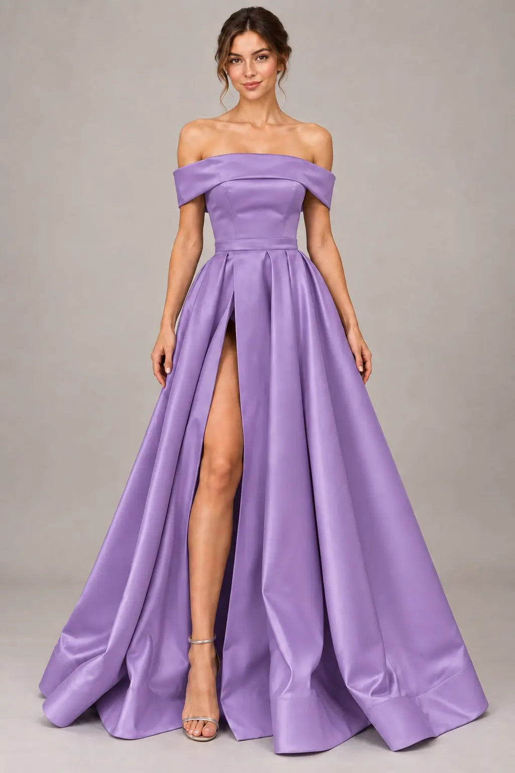A-line Off-the-Shoulder Sleeveless Long/Floor-Length Satin Prom Dresses With Split