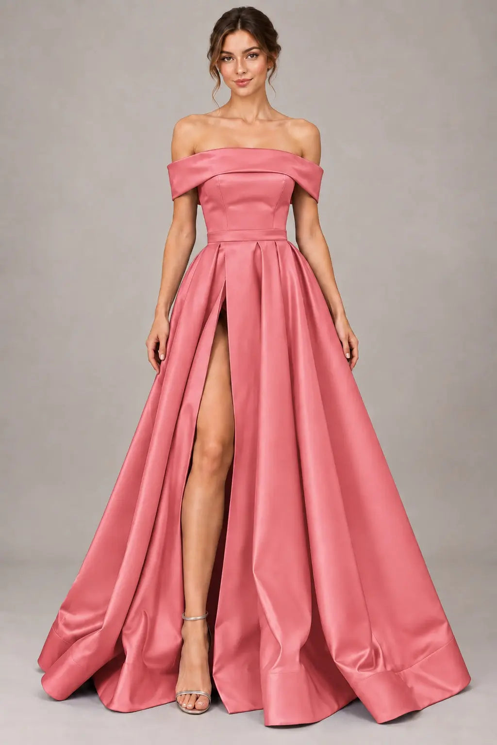 A-line Off-the-Shoulder Sleeveless Long/Floor-Length Satin Prom Dresses With Split