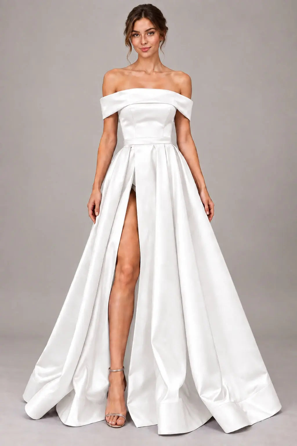 A-line Off-the-Shoulder Sleeveless Long/Floor-Length Satin Prom Dresses With Split