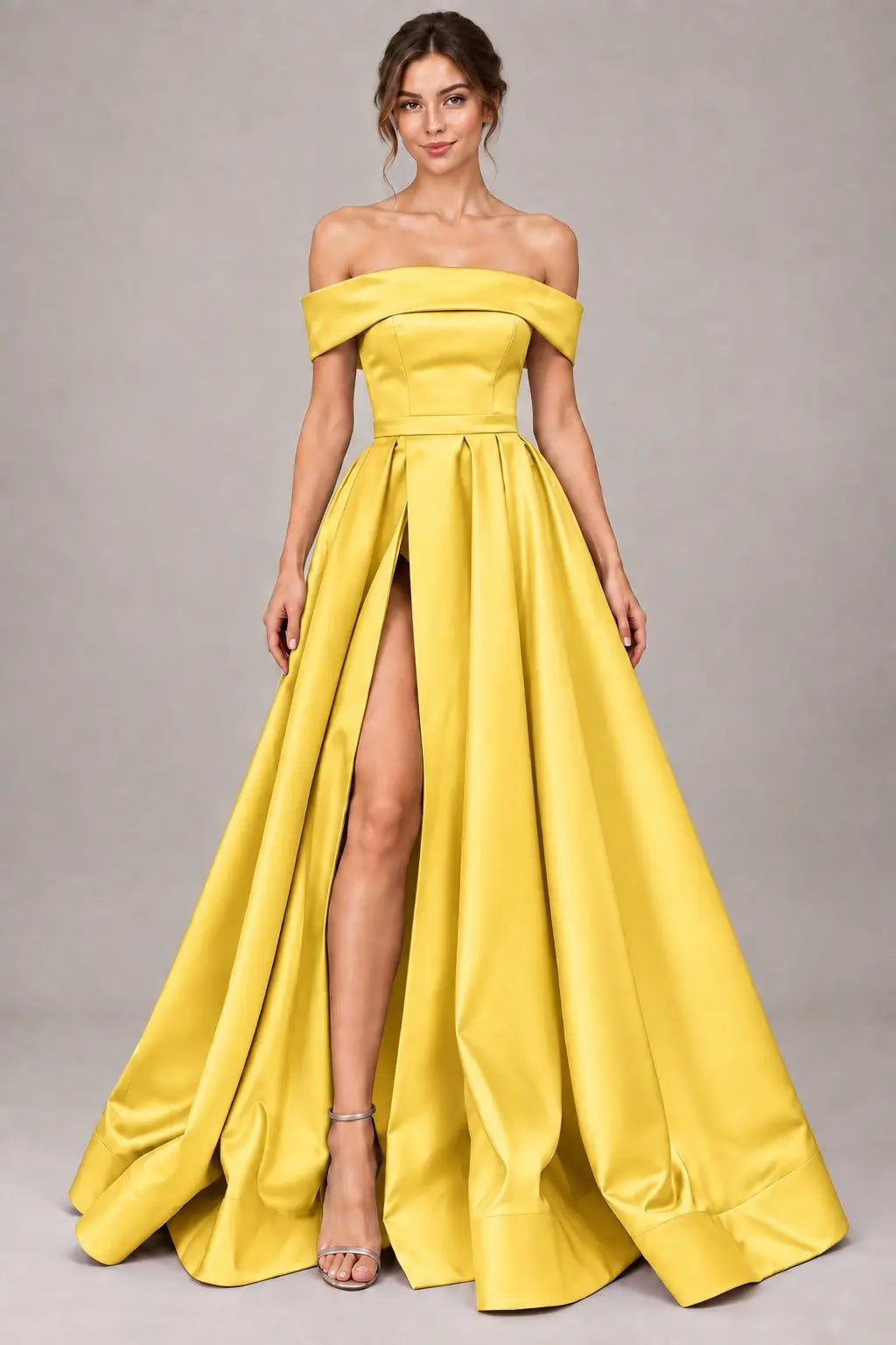 A-line Off-the-Shoulder Sleeveless Long/Floor-Length Satin Prom Dresses With Split