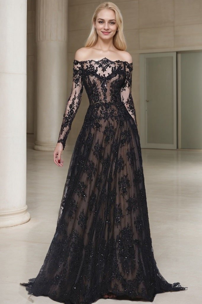 A-Line/Princess Off-the-Shoulder Long Sleeves Lace Sweep/Brush Train Prom Dresses