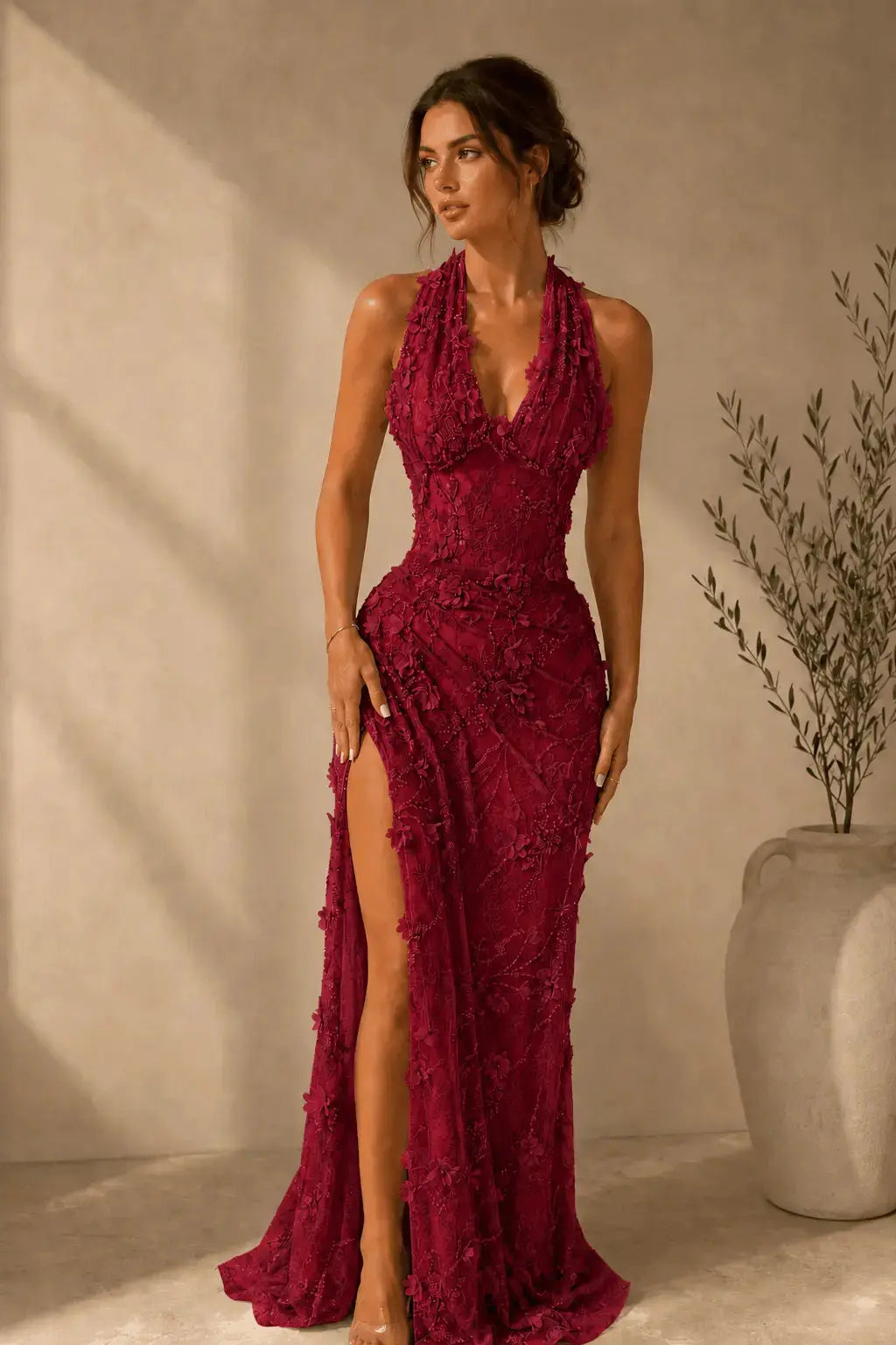 Sheath/Column Dreamy Lace 3D Floral Halter Formal Dress With Slit KAIDRESS